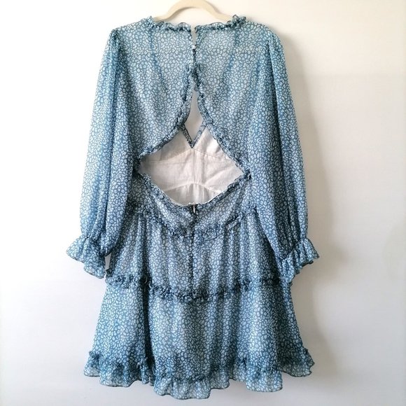 Unbranded Blue Balloon Sleeve Deep V Neck Ruffled Animal Print Mini Dress Size L - Picture 2 of 6